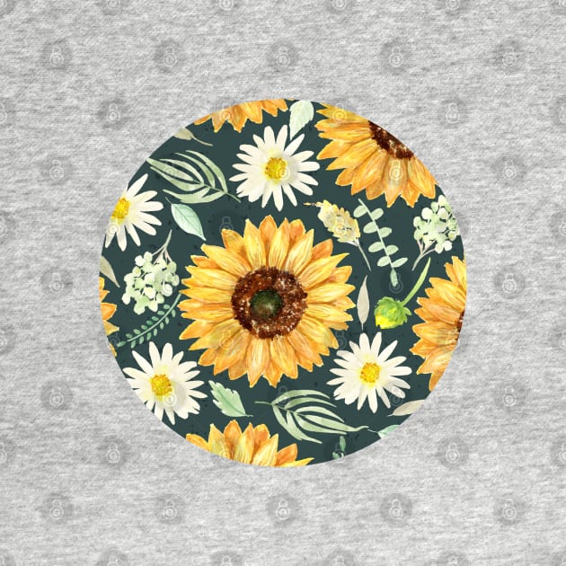 Sunflowers and Daisies | Watercolor | Green | Pattern by Harpleydesign